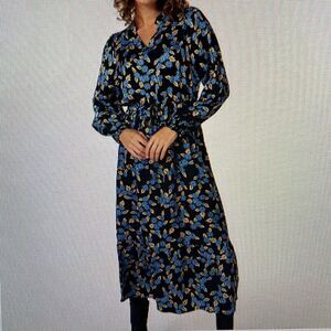 New!‎ Esqualo Floral Black and Blue Midi Dress Size 6